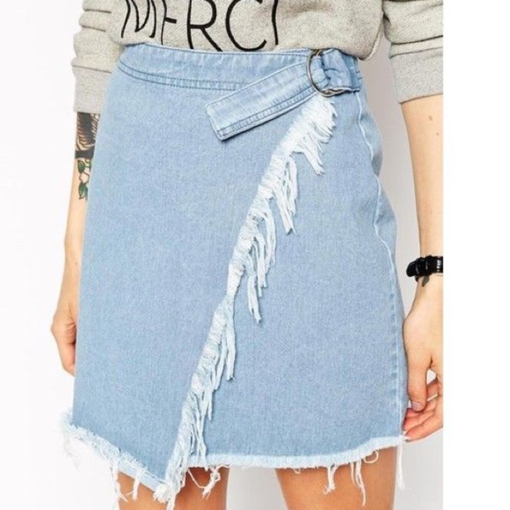 asos wrap denim asymmetric raw hem skirt XXS